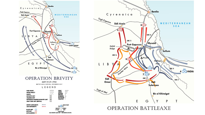 Two maps showing the Operation Brevity and Operation Battleaxe areas.