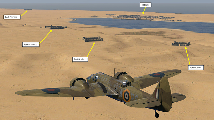 A screenshot of a Blenheim bomber showing the forts that surround Tobruk as it is seen, in game.