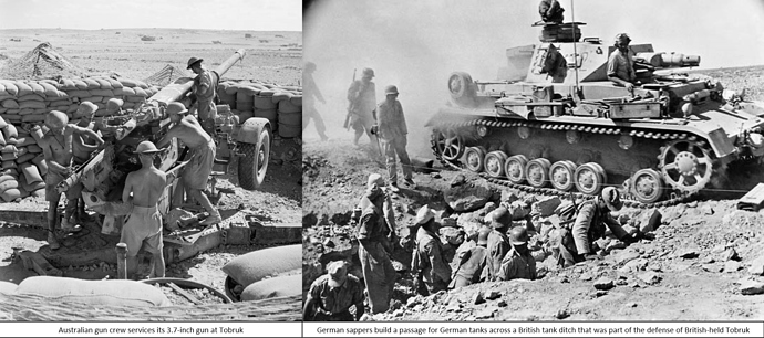 Two photos showing a anti-tank gun emplacement and a German tank crossing a partially filled in anti-tank ditch
