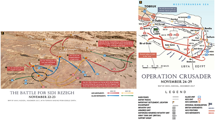Two maps, one showing the unit movements for The Battle of Sidi Rezegh and the other for Operation Crusader from November 24 to 29