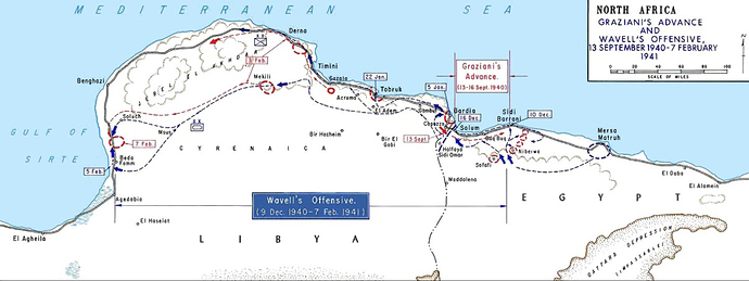 Map of Graziani's Advance and Wevell's Offensive from Sidi Barrani in the East to Benghazi in the West