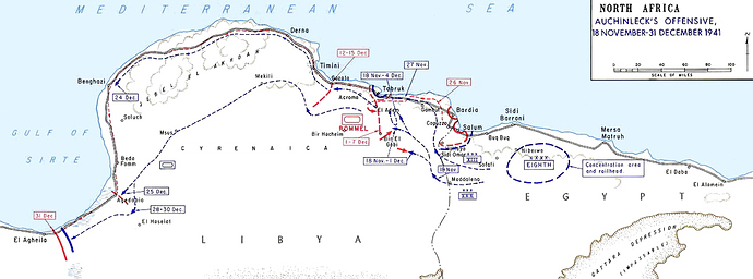 A map of North Africa showing Auchinleck's Offensive, from Sidi Barrani in the east to Benghazi in the West, from 18 November to 31 December.